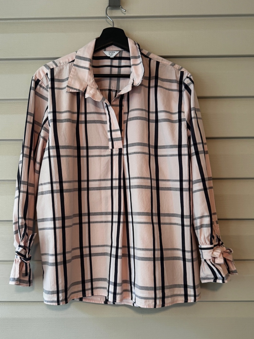 crown & ivy Women’s Petite Pink and Black Plaid Button-Front Blouse Size XLP